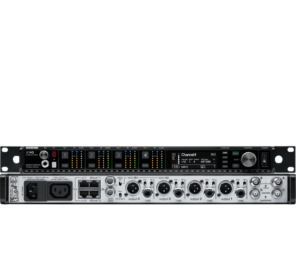 Shure AD4QNP=-B Four--channel receiver. Includes locking power and jumper cables rackmount kit and user guide.