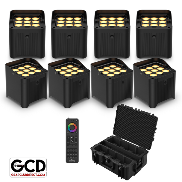 Chauvet DJ Freedom Par Q9 TRUE Wireless, Battery-Operated Quad-Color (RGBA) LED Uplights Eight Package with Charging Case