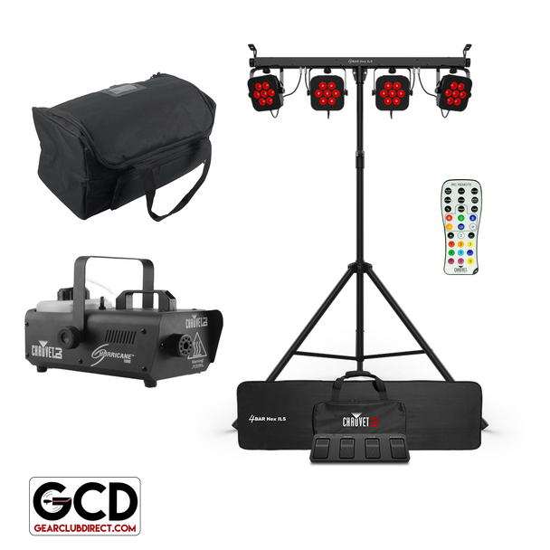 Chauvet DJ 4BAR Hex ILS 6-in-1 RGBAW+UV LED Complete Wash Lighting Solution with H1000 Fog Machine Package 