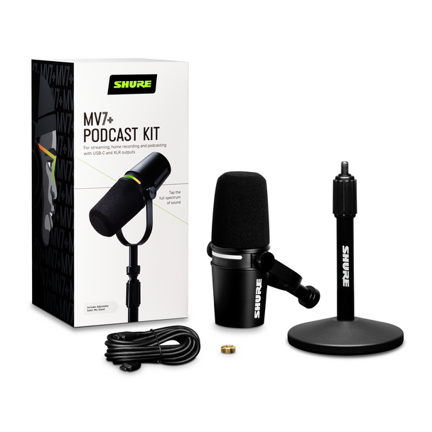 Shure MV7+-K Podcast XLR/USB Microphone Bundle with Gator Desktop Stand (Black) 