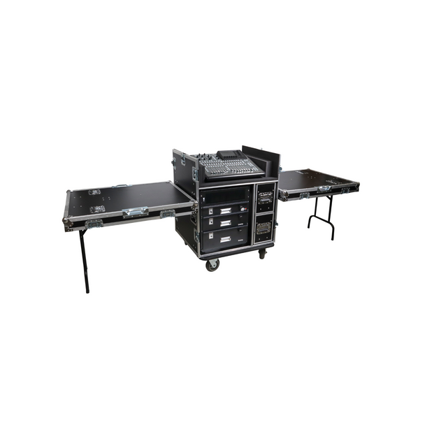 ProX BRANCO ATA Flight Style FOH Mixing Console Case 12U Shockproof Rack 2 Drawer 2 Side Tables & 4 Locking Casters
