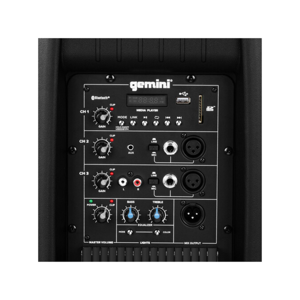 Gemini 2000W 2-Way 15" Powered Bluetooth Loudspeaker with Light Show, Stand, and Microphone