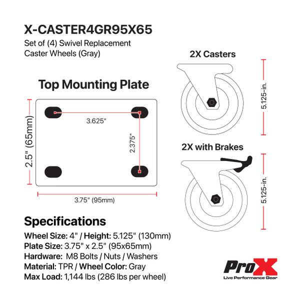 ProX Set of 4 Gray Replacement 4 inch Industrial Grade Caster Wheels Kit 