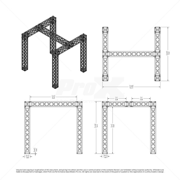 ProX KTP-E1099H trade show booth truss dimensions and technical layout drawing with H-shaped center design