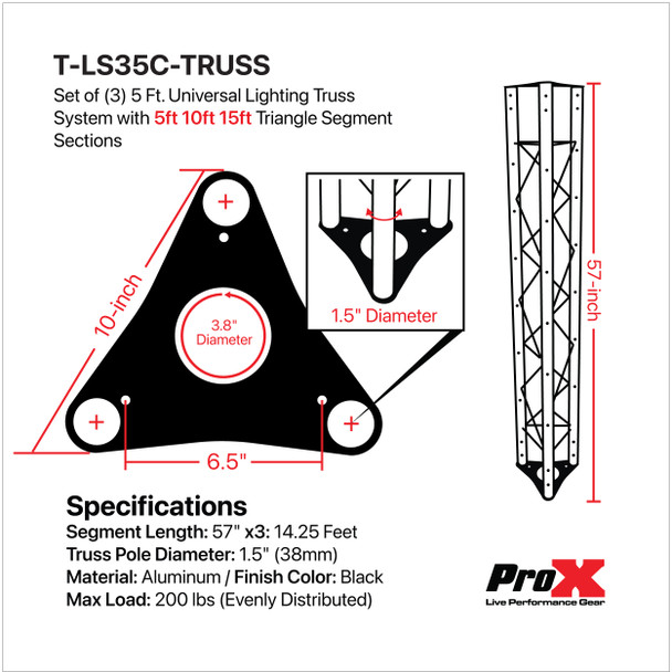 ProX Set of (3) Universal Lighting Truss System with 5 Ft. 10 Ft. 15 Ft. Triangle Segment Sections