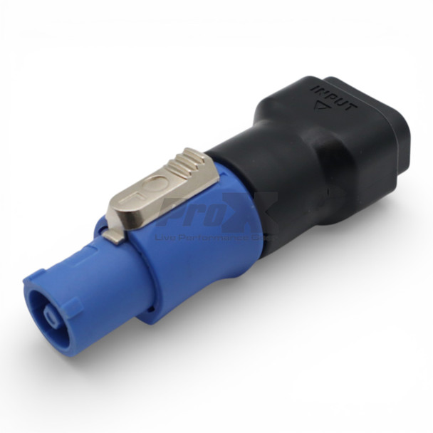 Compact ProX PowerCON Blue locking power coupler designed for professional staging and production systems