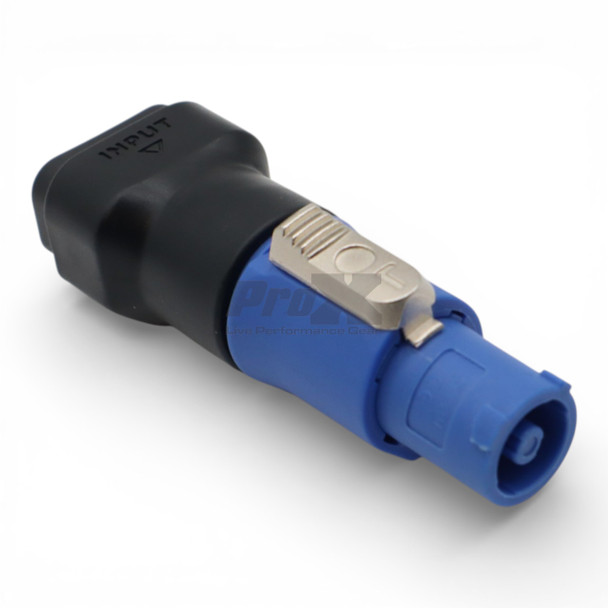 Angled view of ProX IEC C14 to PowerCON Blue power coupler for AV and lighting applications