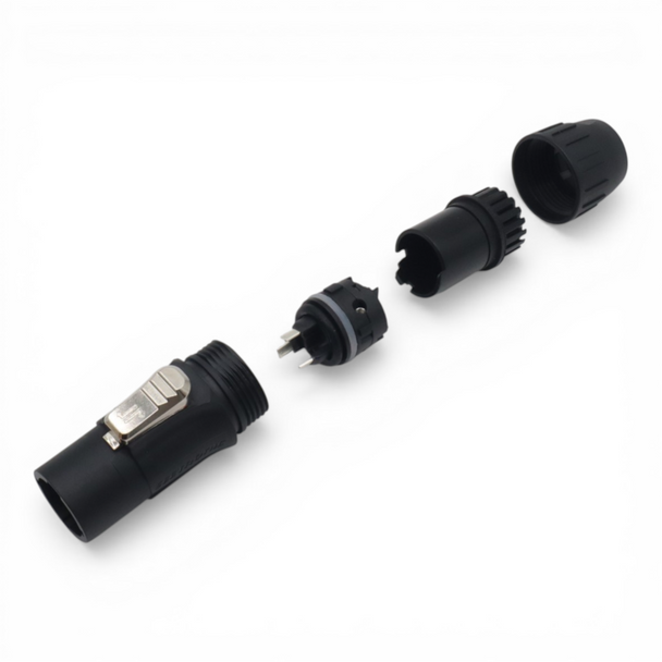 ProX XC-SAC3MX Power Twist True Power Male connector components showing cable termination and assembly system