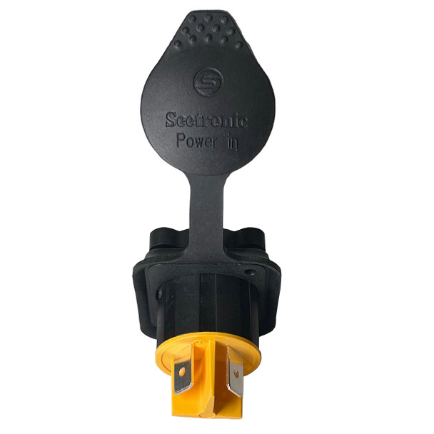 ProX locking True Power panel connector with integrated weatherproof cap for outdoor and touring applications