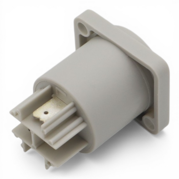 ProX gray Power Out chassis connector with 3-pole locking AC panel mount design for professional AV and lighting installations