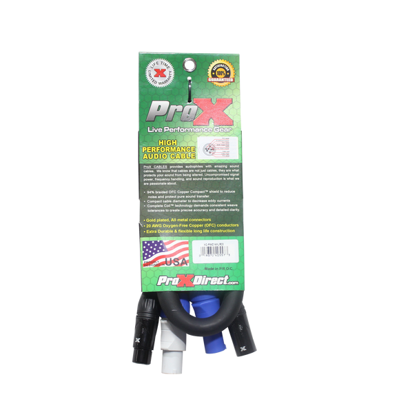 ProX XC-PWC14-XLR03 professional combo link cable packaging showing specifications and features
