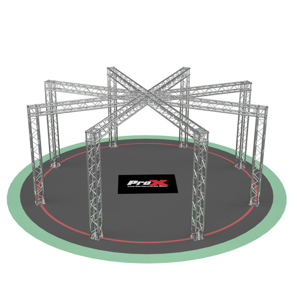 ProX circular exhibit booth truss system with integrated display platform and aluminum truss framework for trade shows, conventions, expos, and branded activations