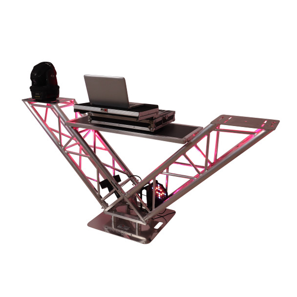 ProX illuminated V-shape aluminum truss DJ table for weddings, nightclubs, corporate events, and live productions