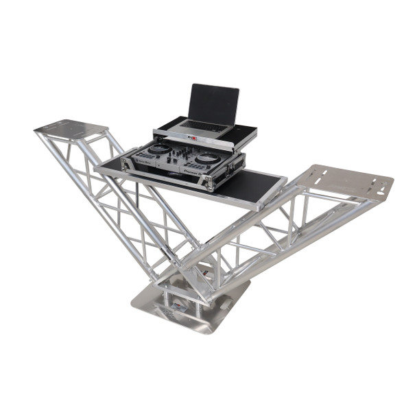 ProX XT-VERRAZANO30 professional DJ booth with elevated speaker shelves and center performance workstation