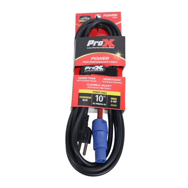ProX XC-PWCE14-10 professional power cord in retail packaging for audio, lighting, staging, and AV applications