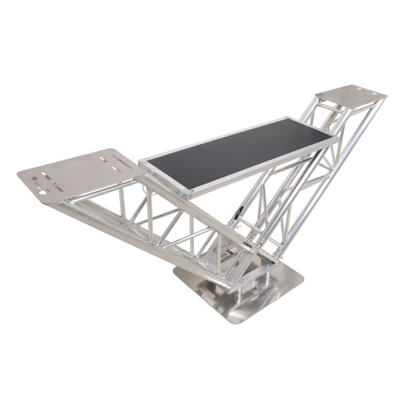 ProX aluminum truss DJ table with center controller platform and elevated side shelves for monitor speakers and lighting fixtures