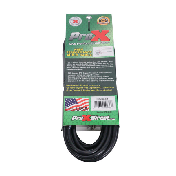 ProX XC-PWCE14-25 14AWG locking power cable packaging displaying specifications, features, and connector compatibility information
