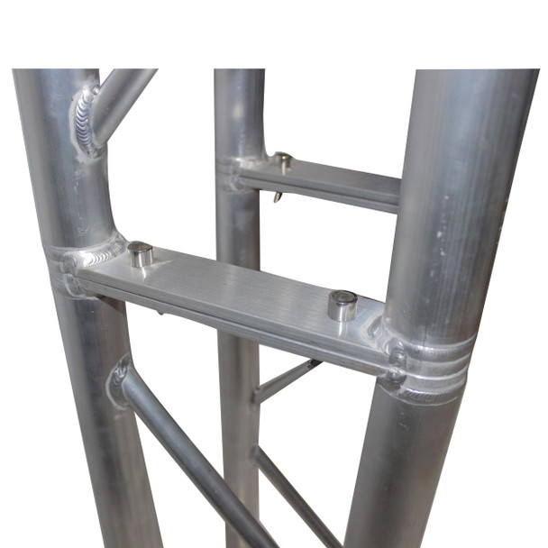Close-up of ProX aluminum truss construction with reinforced cross-bracing and professional weld quality