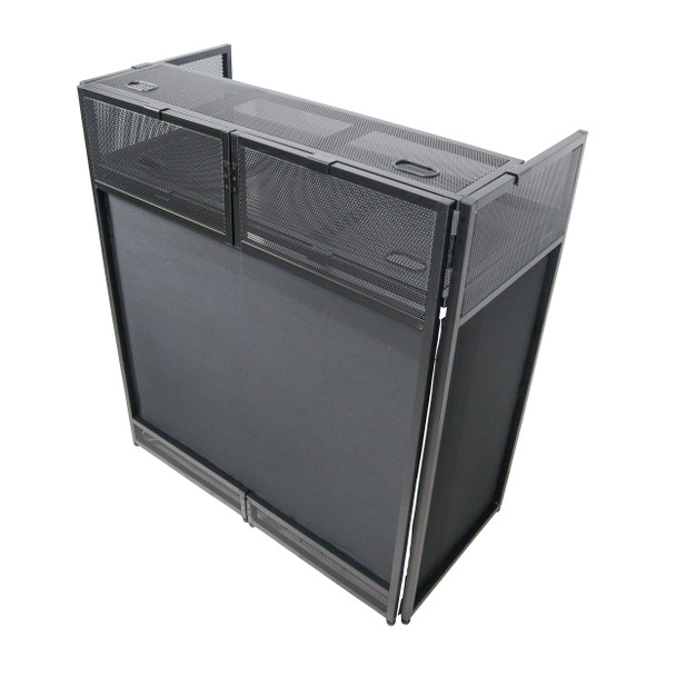 ProX VISTA DJ Booth Facade Table Station with White and Black Scrim kit and Padded Travel Bag | Black Hardware