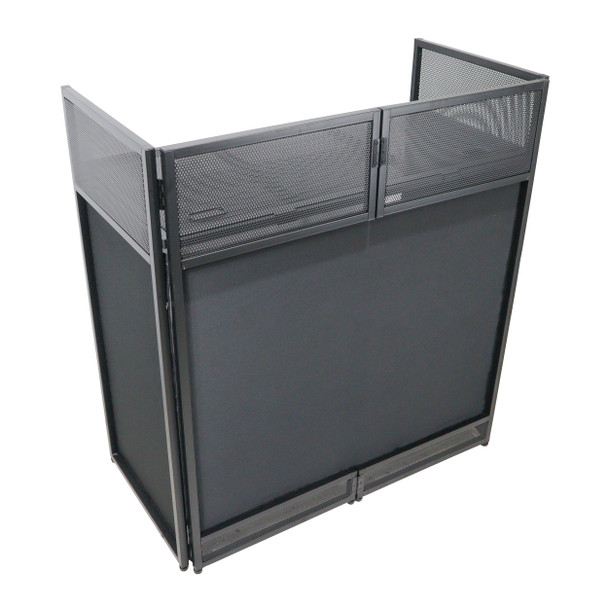 ProX VISTA DJ Booth Facade Table Station with White and Black Scrim kit and Padded Travel Bag | Black Hardware