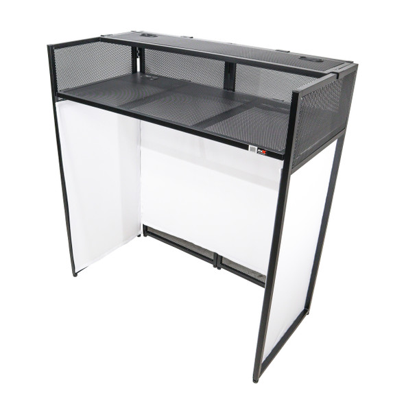 ProX VISTA DJ Booth Facade Table Station with White and Black Scrim kit and Padded Travel Bag | Black Hardware