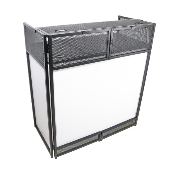 ProX VISTA DJ Booth Facade Table Station with White and Black Scrim kit and Padded Travel Bag | Black Hardware