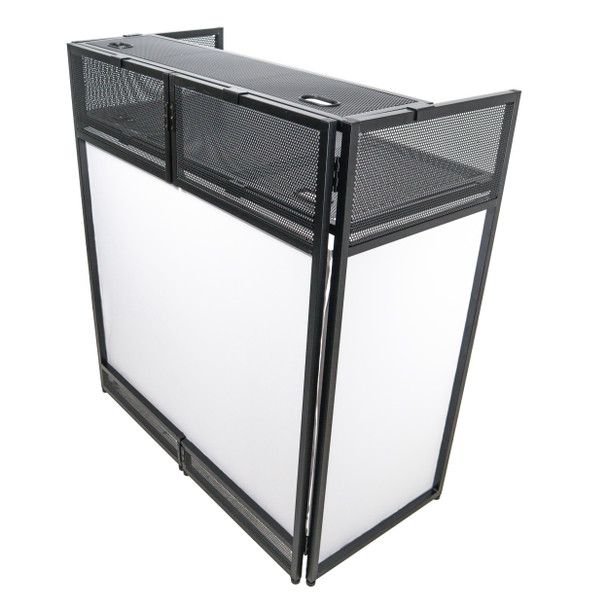 ProX VISTA DJ Booth Facade Table Station with White and Black Scrim kit and Padded Travel Bag | Black Hardware