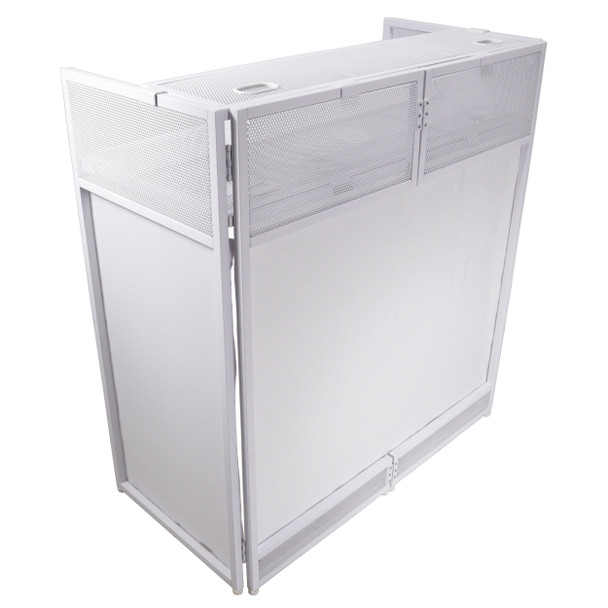 ProX Vista DJ Booth Table Work Station with White Black Scrims and Carrying Bag White Frame