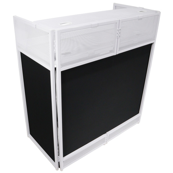 ProX Vista DJ Booth Table Work Station with White Black Scrims and Carrying Bag White Frame