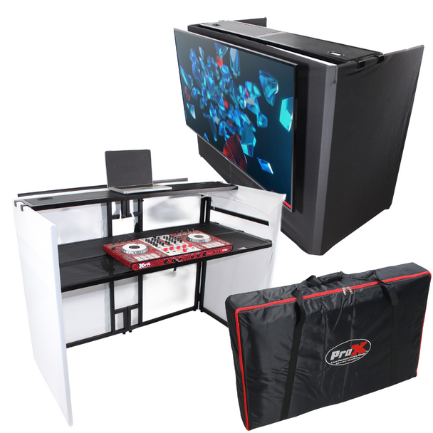 ProX MESA MEDIA MK2 DJ Facade Table Workstation Includes TV Bracket Mount White & Black Scrims and Carry Bag