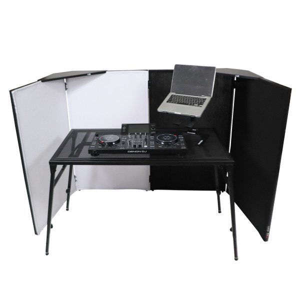 ProX Four Panel Party Black Frame Collapse and Go DJ Facade, Two Side corner Shelves, Carry Bag, 4xBlack and 4xWhite Scrims