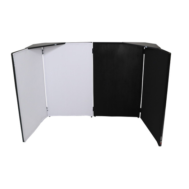 ProX Four Panel Party Black Frame Collapse and Go DJ Facade, Two Side corner Shelves, Carry Bag, 4xBlack and 4xWhite Scrims