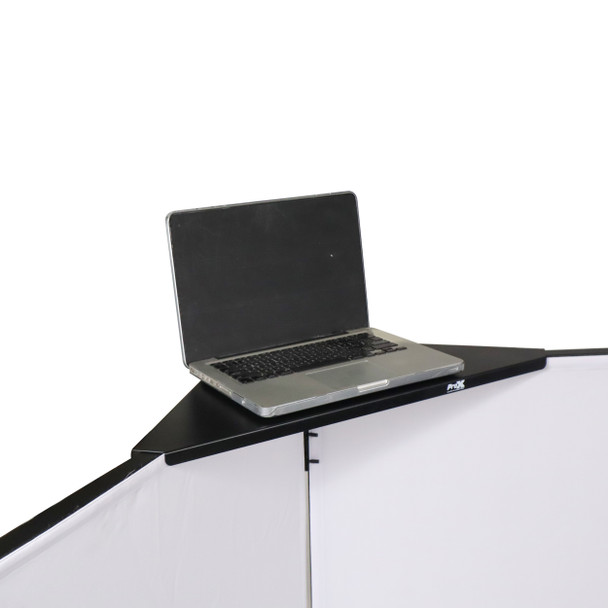 ProX Four Panel Party Black Frame Collapse and Go DJ Facade, Two Side corner Shelves, Carry Bag, 4xBlack and 4xWhite Scrims