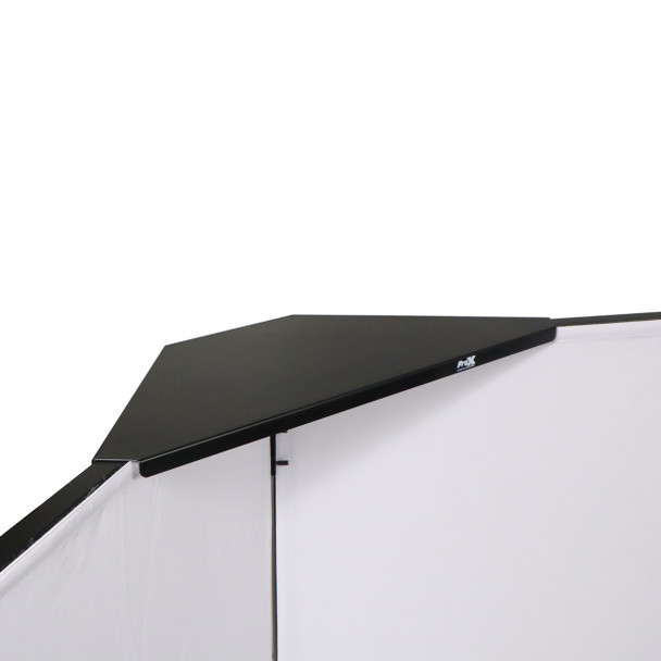 ProX Four Panel Party Black Frame Collapse and Go DJ Facade, Two Side corner Shelves, Carry Bag, 4xBlack and 4xWhite Scrims