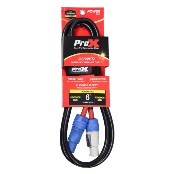 ProX XC-PWC14-06 6 ft 14 AWG locking power cable in retail packaging featuring grey and blue locking power connectors for professional audio and power distribution applications.
