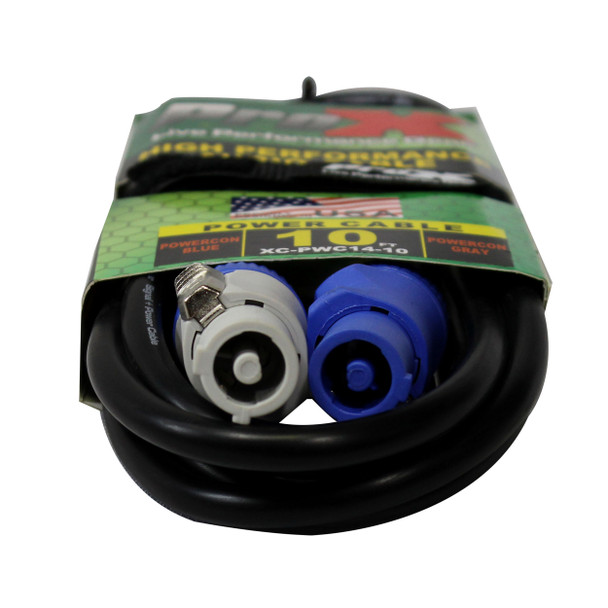 ProX XC-PWC14-10 power cable package displaying the grey and blue locking power connectors designed for secure power connections in professional audio applications.
