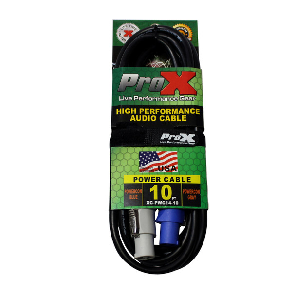 ProX XC-PWC14-10 10 ft high-performance locking power cable in retail packaging featuring 14 AWG construction and grey to blue locking power connectors.
