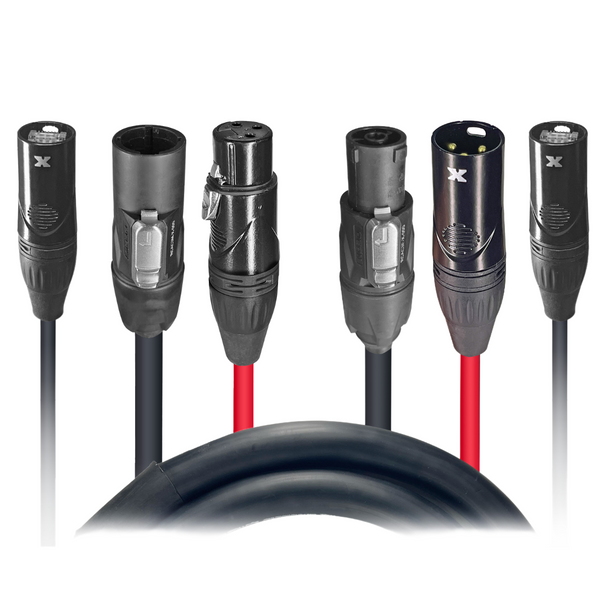 Close-up of ProX CAT6 XLR hybrid cable connectors featuring XLR audio connections and integrated CAT6 network cable construction.
