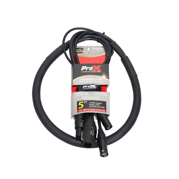Retail packaged ProX XC-TR112-XLRCAT6-05 5 ft hybrid cable with integrated 12 AWG power, shielded CAT6, and XLR audio connections for streamlined installations.
