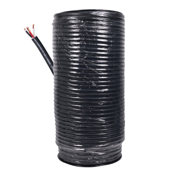 ProX XC-412-100 100 ft spool of 12 AWG 4-conductor speaker wire with hybrid OFC/CCA conductors and flexible black PVC outer jacket.