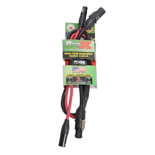 Retail packaged ProX XC-TR112-XLR02 2 ft combo link cable featuring dual PowerKon and XLR audio connections for professional audio and power applications.
