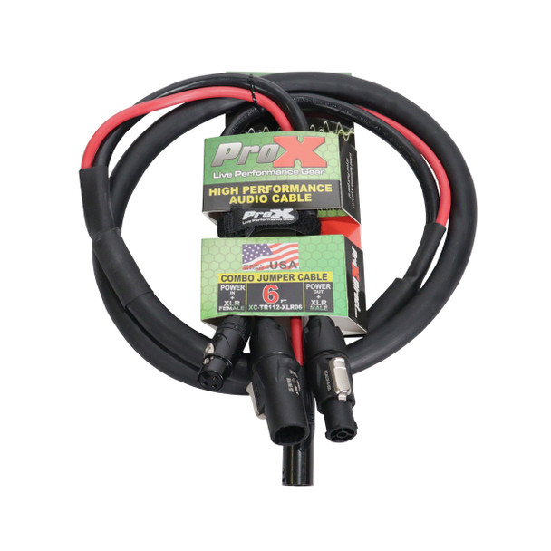 Retail packaged ProX XC-TR112-XLR03 3 ft combo link cable featuring dual PowerKon and XLR audio connections for professional audio and power applications.
