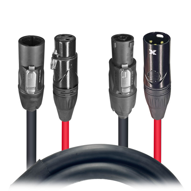 Close-up of ProX XC-TR112-XLR06 connectors featuring dual PowerKon and XLR terminations engineered for reliable audio and power transmission in professional environments.