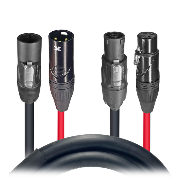 Close-up of ProX XC-TR112-XLR10 connectors featuring dual PowerKon and dual XLR terminations designed for reliable power and audio signal transmission in professional applications.