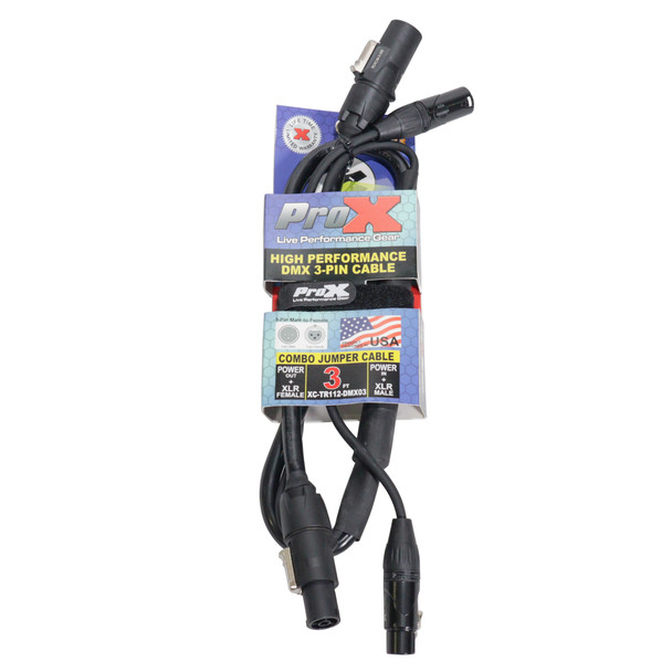 ProX XC-TR112-XLR10 10 ft dual PowerKon to dual XLR audio combo link cable with integrated power and audio connections for streamlined professional stage and audio setups.