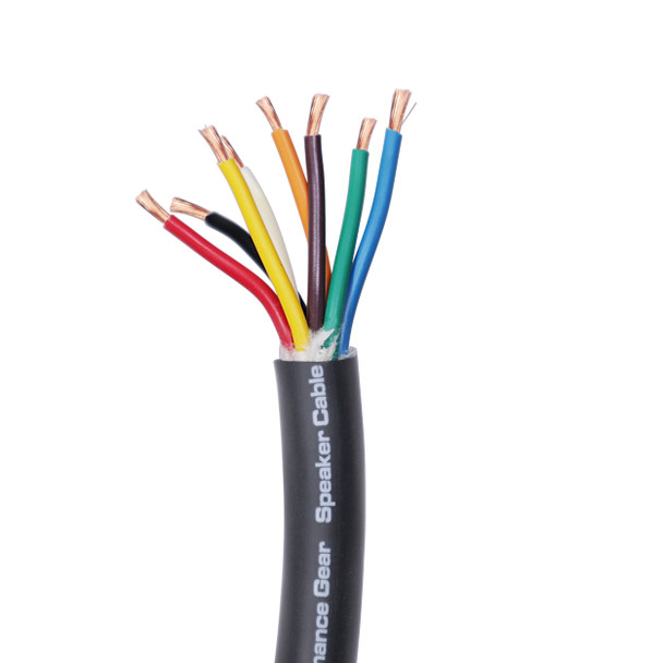 Cross-section of ProX XC-612-500 12 AWG 6-conductor speaker wire featuring hybrid OFC/CCA conductors and durable black PVC insulation.