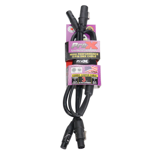 ProX XC-TR112-5PDMX03 3 ft dual PowerKon to dual 5-pin DMX combo link cable combining power and DMX control signals in a single cable for professional lighting systems.