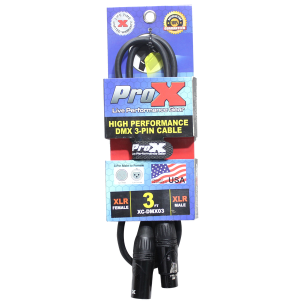 Retail packaging of the ProX XC-DMX03 3 ft 3-pin DMX male to female cable for professional lighting control, stage production, and DMX networking applications.