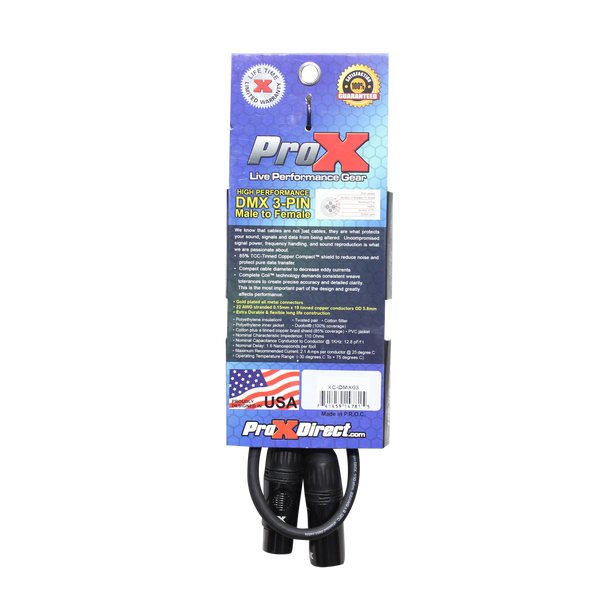 Retail packaging of ProX XC-DMX03 3 ft 3-pin DMX male to female cable designed for lighting controllers, fixtures, and DMX networks.
