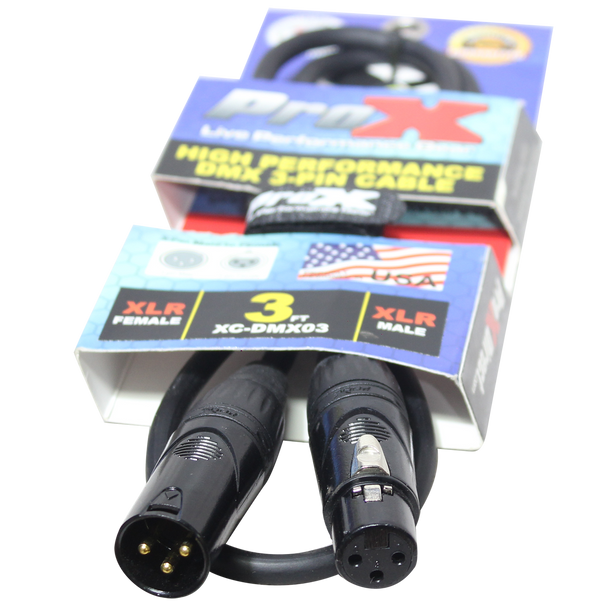 ProX XC-DMX03 professional 3-pin DMX cable with durable connectors and flexible PVC jacket for reliable DMX data transmission.